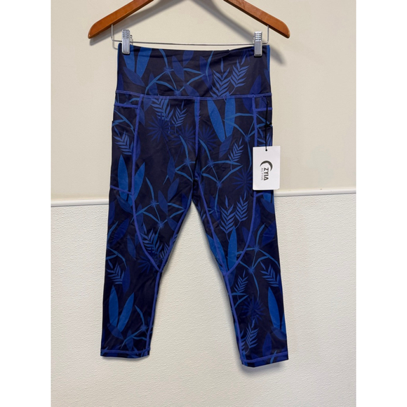 Women's ZYIA ACTIVE Blue Navy Tropical Print Hi-Rise Capri Leggings SZ 6-8 New - Picture 15 of 16
